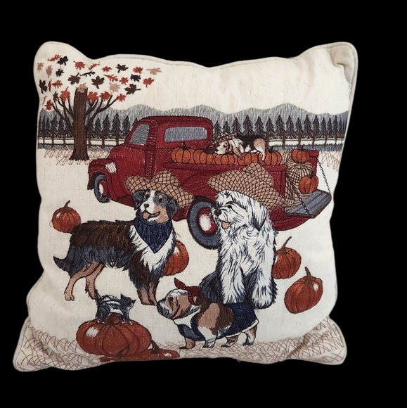 Pier 1 Autumn Fall Pumpkin Truck Dog Throw Pillow. Size 15x15 - Picture 1 of 6